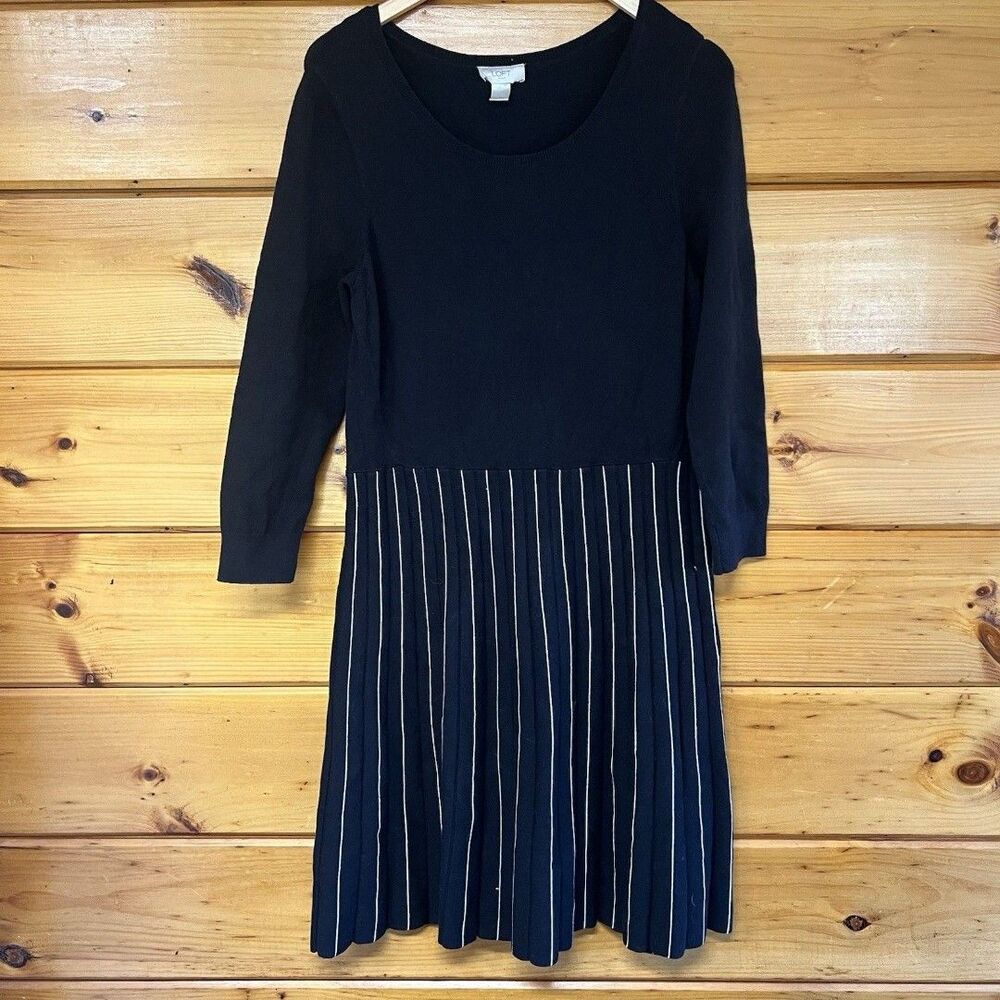 Ann Taylor Loft Black White Striped Skirt A Line Dress Long Sleeves Size Med